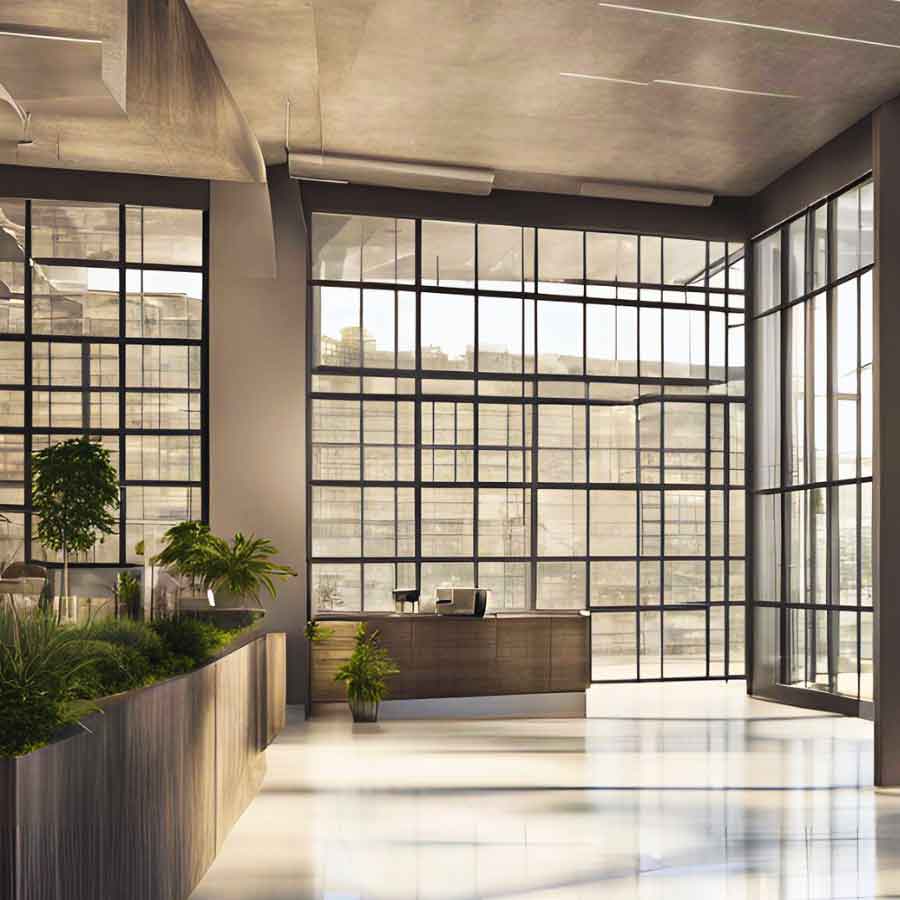High-ceiling lobby benefiting from Commercial Solar Film in Oklahoma City, OK to regulate indoor climate and preserve interior finishes.