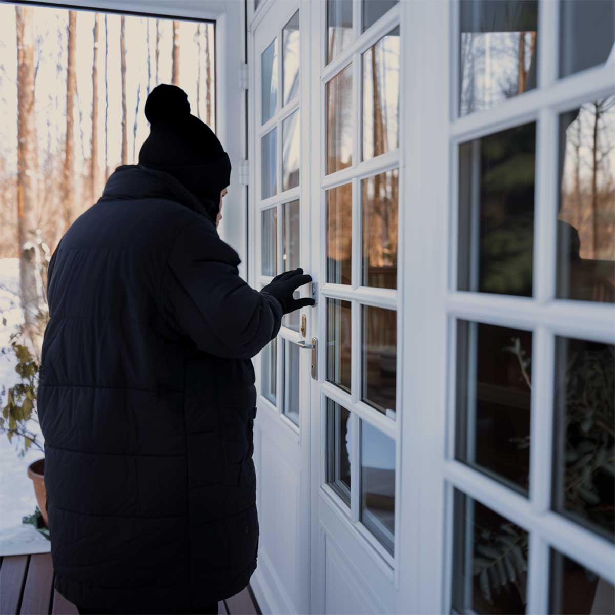 Burglar attempting to enter a home, demonstrating the importance of Home Security Window Film in Dallas, TX