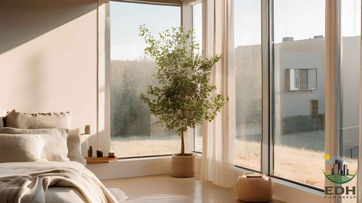 Cozy bedroom with large tinted windows showcasing the advantages of Home Window Tinting.