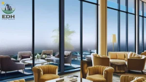 Luxury lounge with commercial window tint, providing UV protection and glare reduction while maintaining natural light.