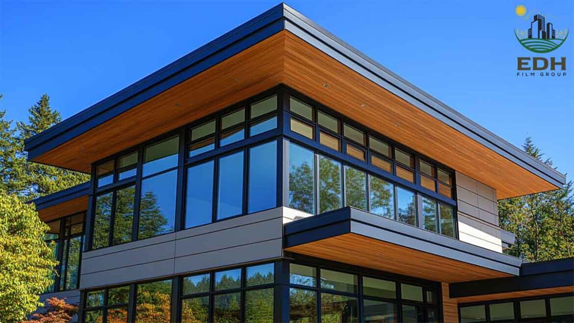 Sleek residence with Home Window Film applied to large upper and lower windows, highlighting contemporary architecture