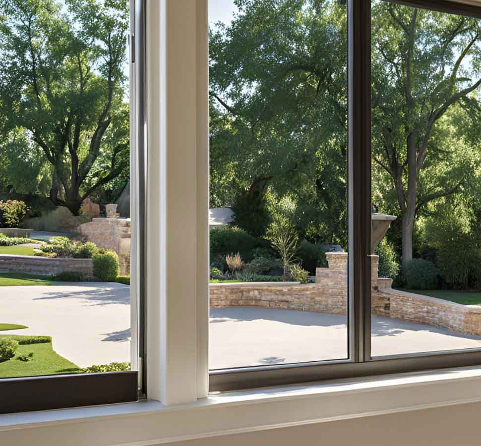 Interior perspective highlighting Home Security Window Film on wide windows facing a landscaped yard