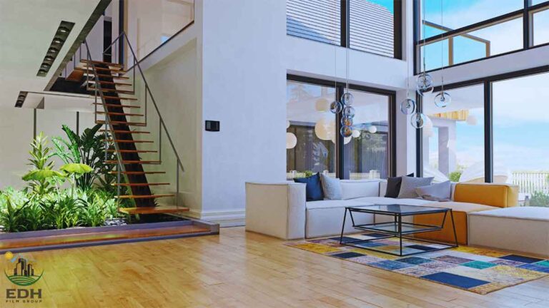 Contemporary interior with solar window film that helps protect your furniture and flooring from fading.
