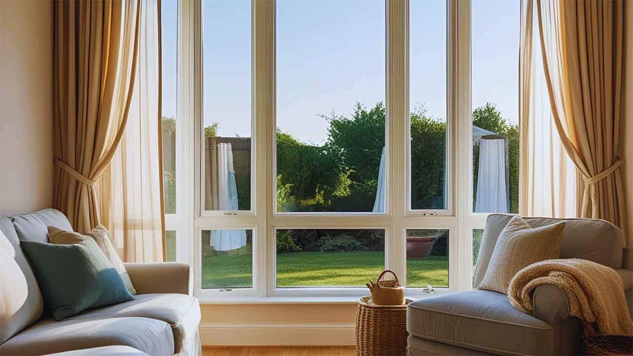 A well-lit living room with home window tinting installed to reduce heat.