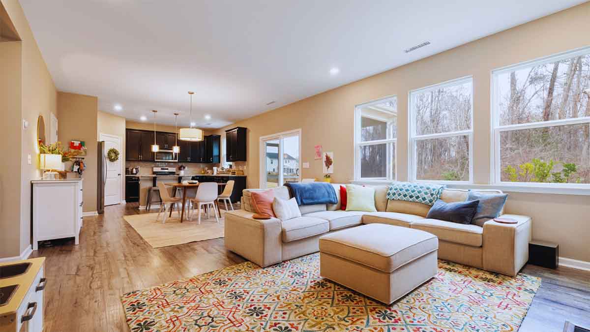 Cozy living area with solar-treated windows to preserve fabric and flooring against sun damage. 