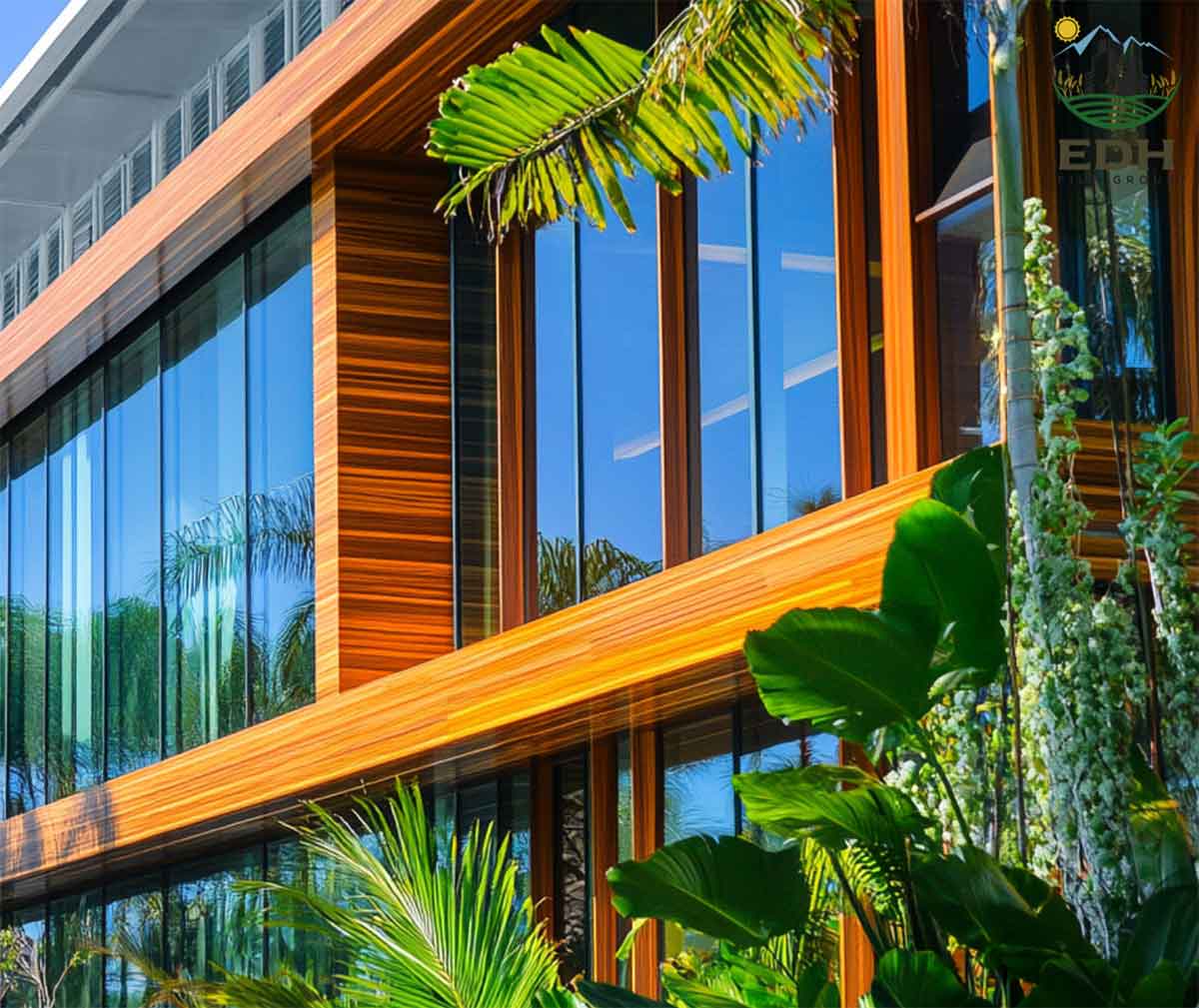 Modern glass building with reflective window tinting in Garland, TX for solar heat reduction
