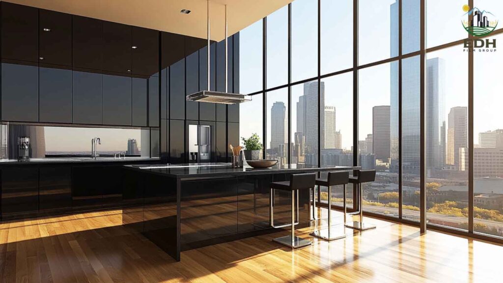Modern kitchen with large glass windows featuring various window tinting film types for heat and glare reduction