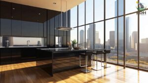 Modern kitchen with large glass windows featuring various window tinting film types for heat and glare reduction