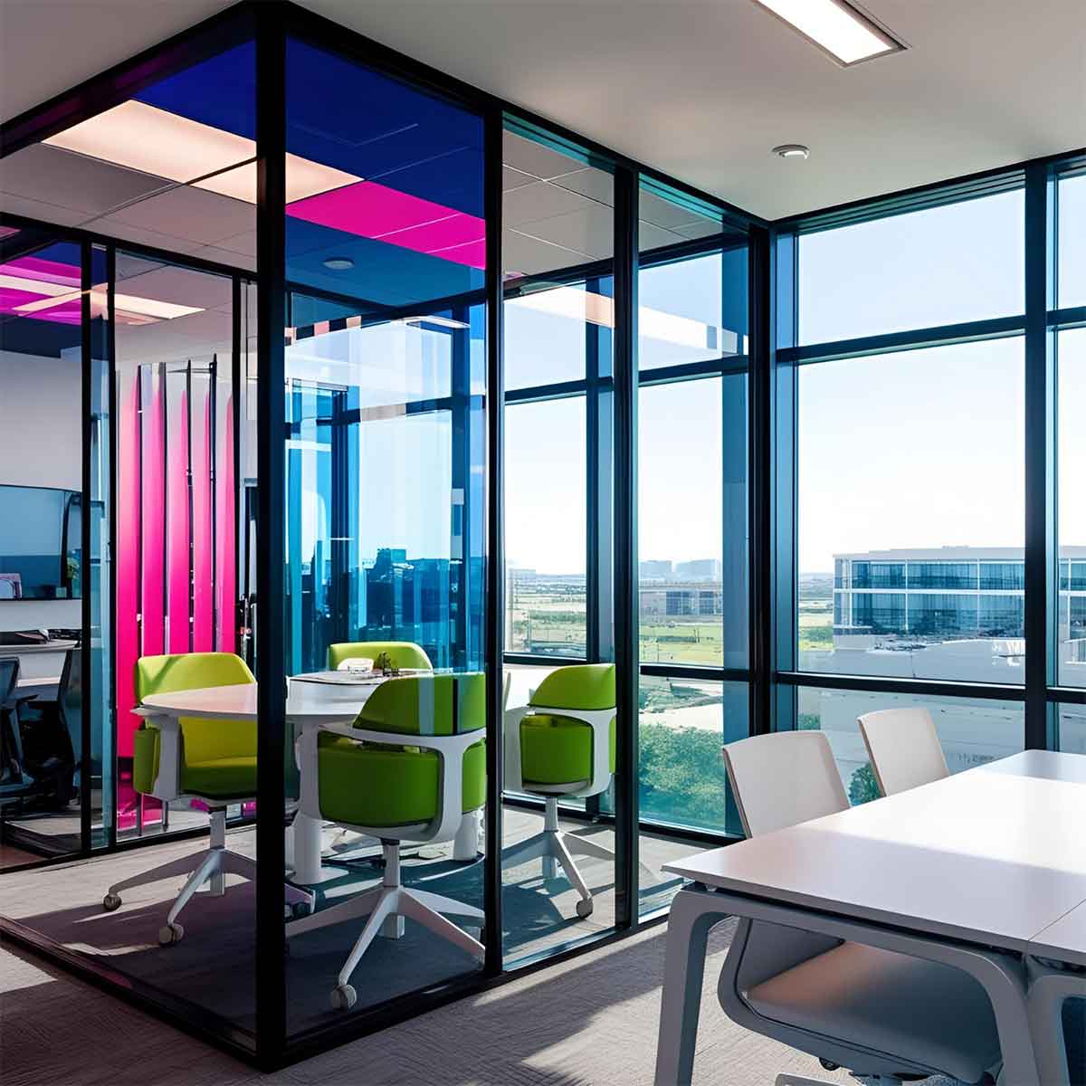 Colorful coworking space using decorative window tinting in Plano, TX to control light and add style