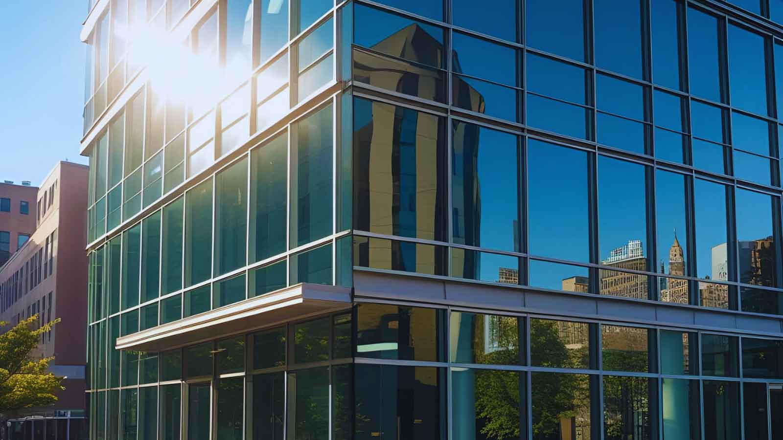 Modern office building with reflective glass showing commercial window tinting in enhancing privacy and security. 