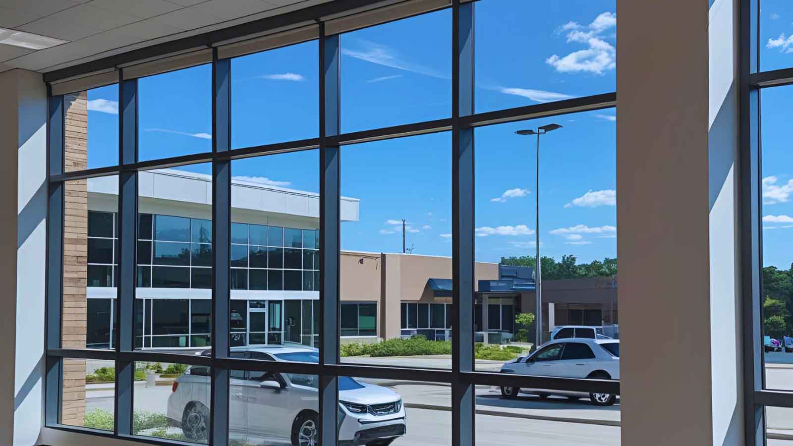 Interior view of commercial window tinting in enhancing privacy and security at a business office. 