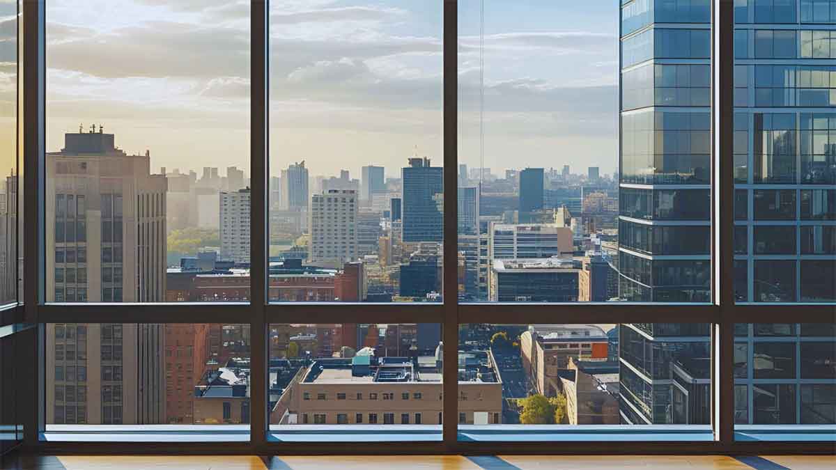 City skyline view through commercial office windows with tinting in Edmond, OK.