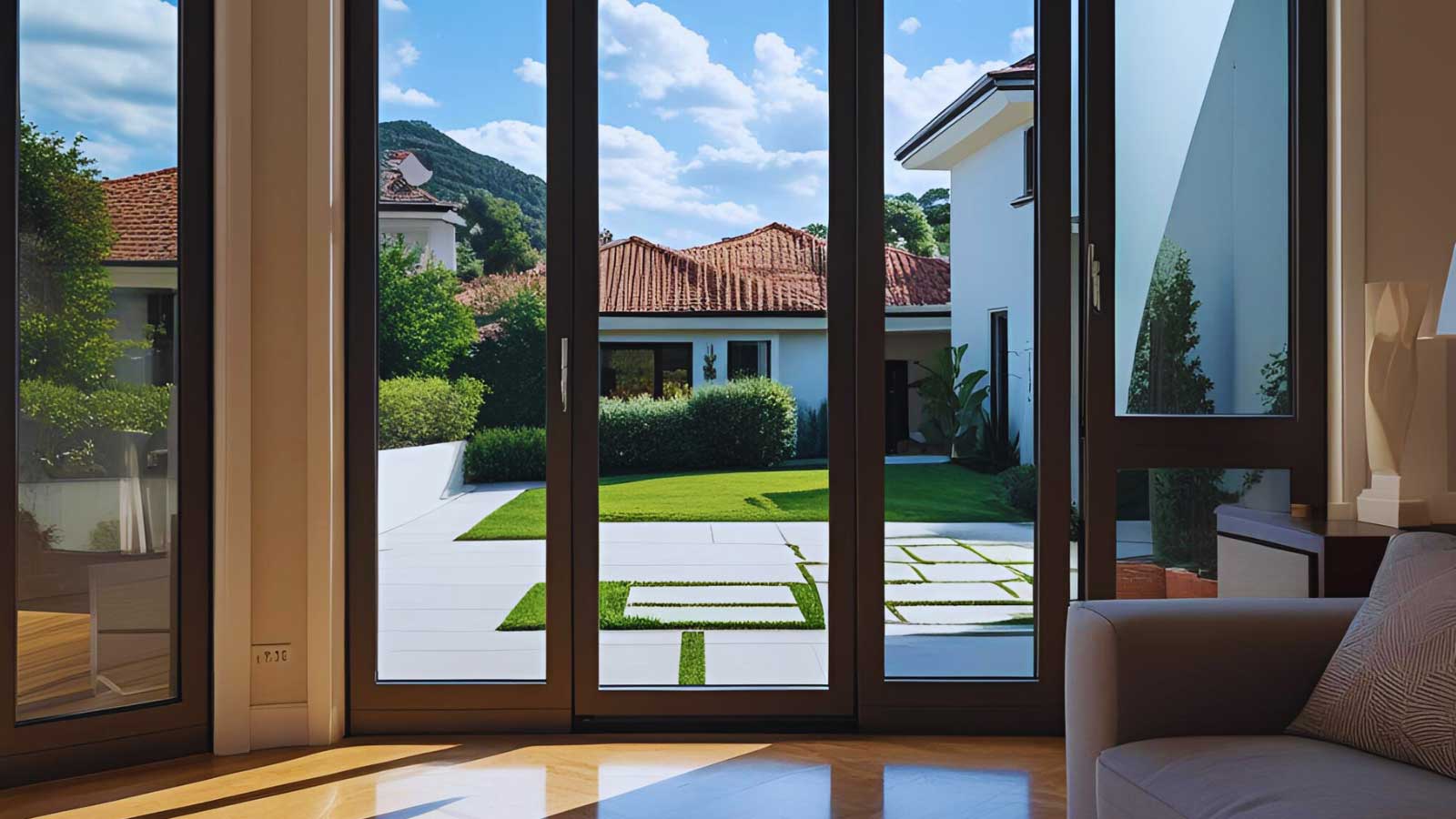 Interior view showcasing residential use of solar window film on large glass doors 